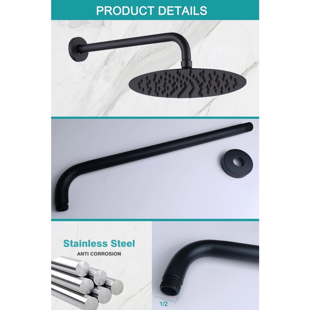 RCG Stainless Steel Black Rainfall Shower Pipe Shower Head Arm 40CM