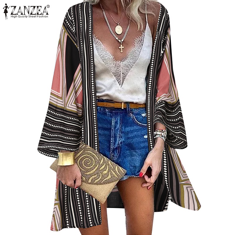 ZANZEA Women Casual Rayon Flare Sleeve Color Printing Cardigan | Shopee ...