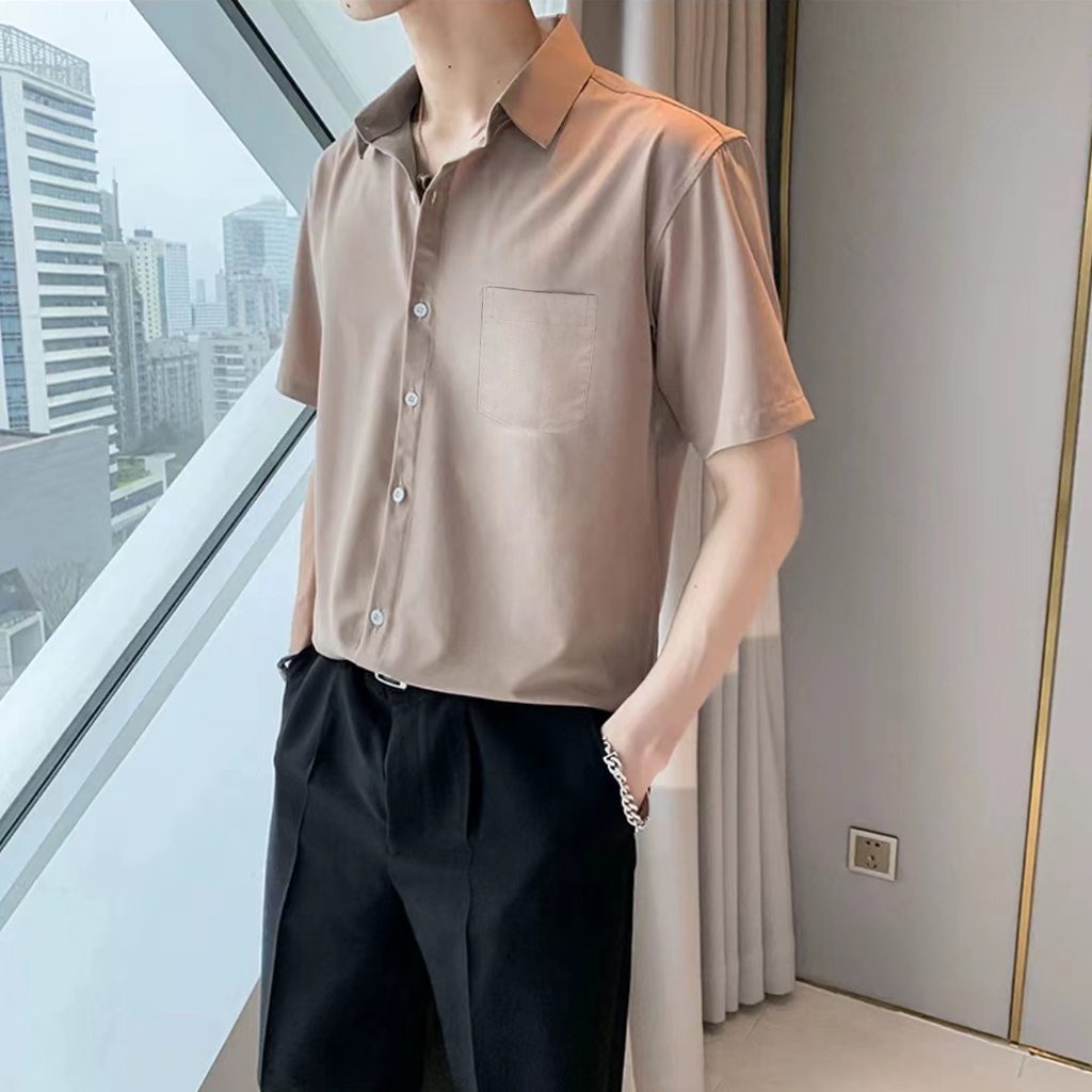 HUILISHI Fashion Casual Stretch full button Men's Korean Short Sleeve ...