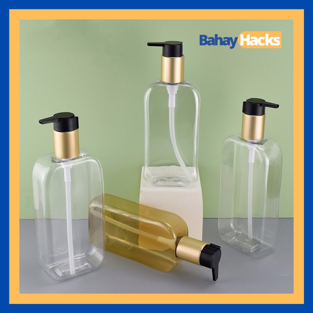 BAHAYHACKS Square Shape Gold Plastic Pump Bottle Refillable Portable Shower Gel Soap Shampoo