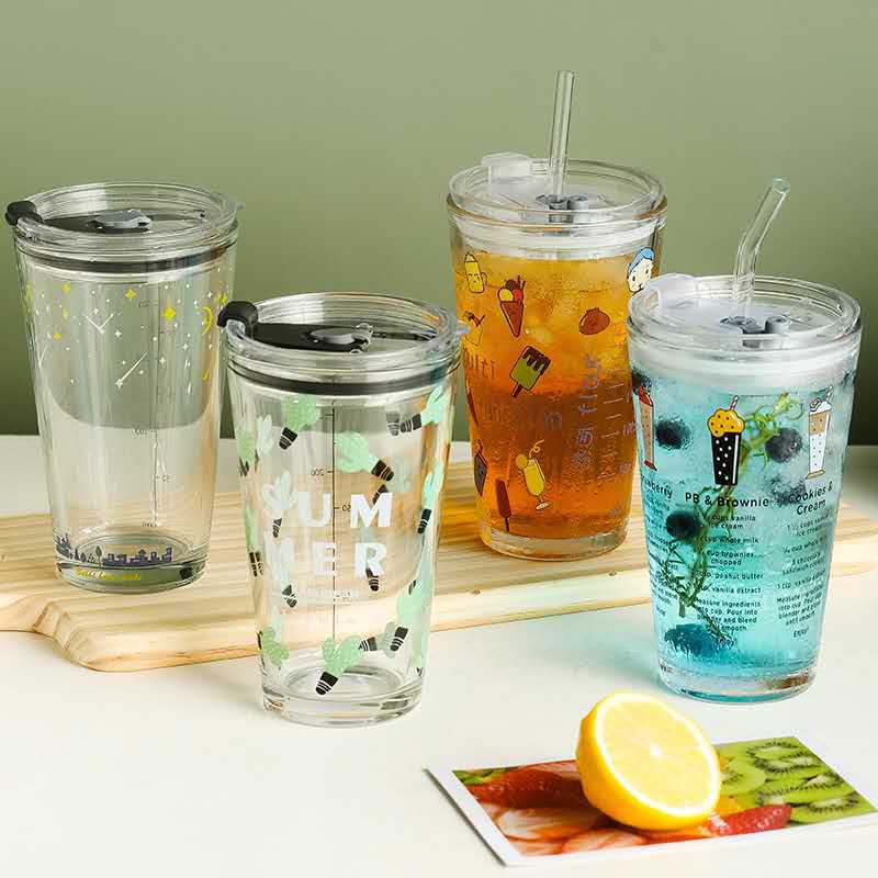 NEW! Quality Glass Mug Cup Tumbler Bottle With Lid High (FREE STRAW ...