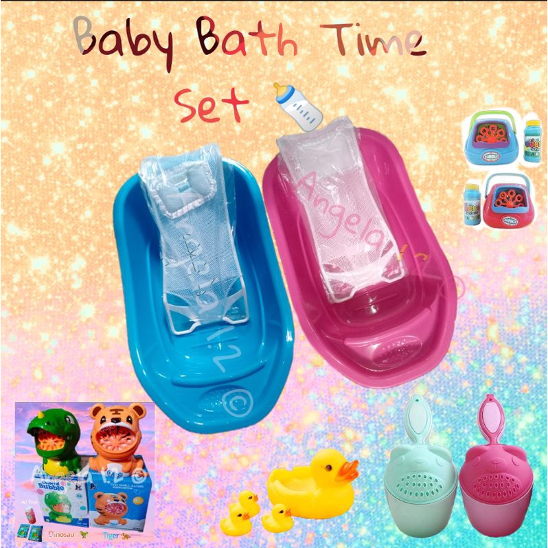 Baby Bath Tub & Net with Rubber duckies, Water dipper/tabo, bubble toy