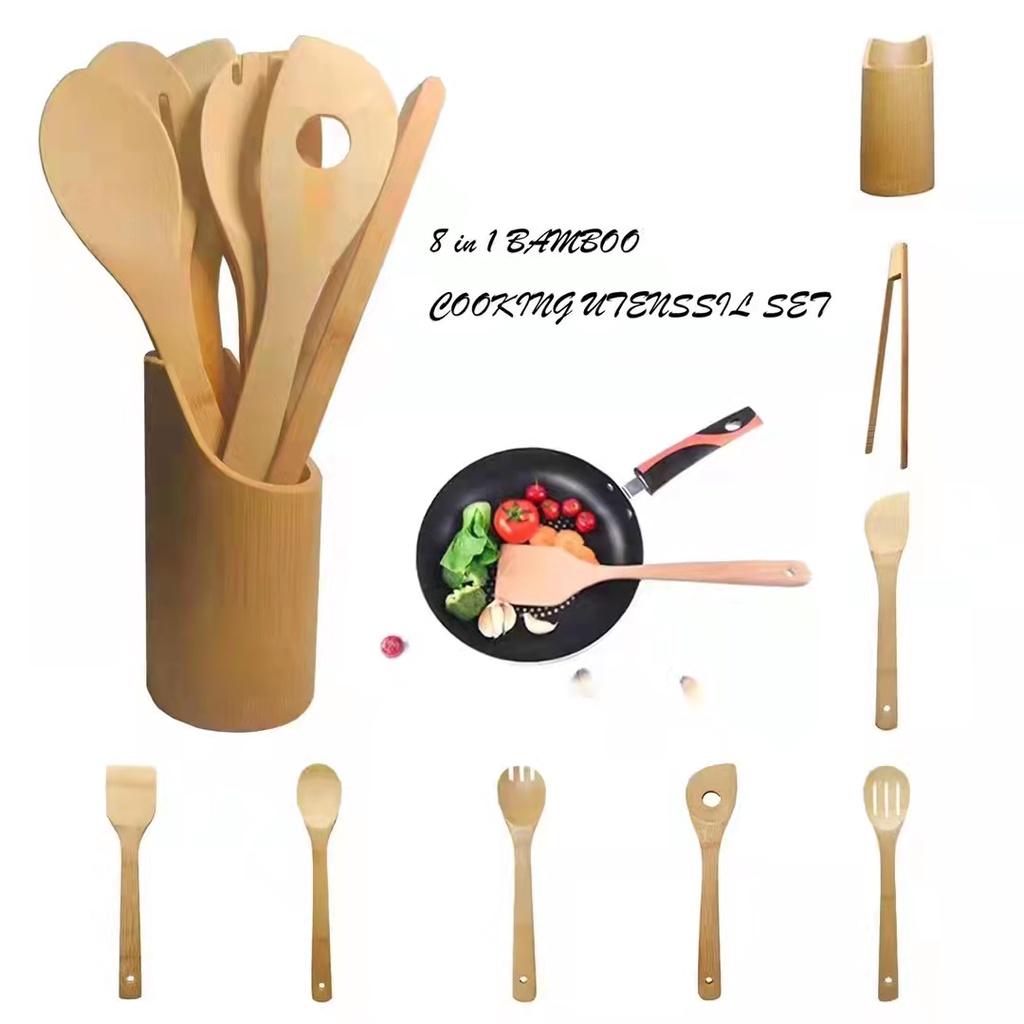 8 In 1 Eco Friendly Bamboo Kitchen Utensil Set Tool Kitchenware Bamboo Utensil Holder Included 2861