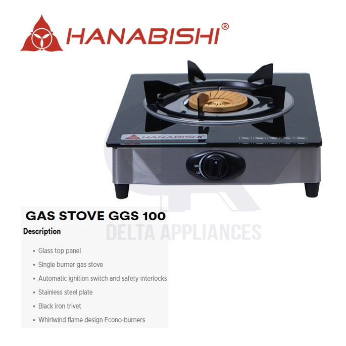 Hanabishi Gas Stove Single Burner Tempered Glass Top Brass Burners Original 1 Year Warranty GGS
