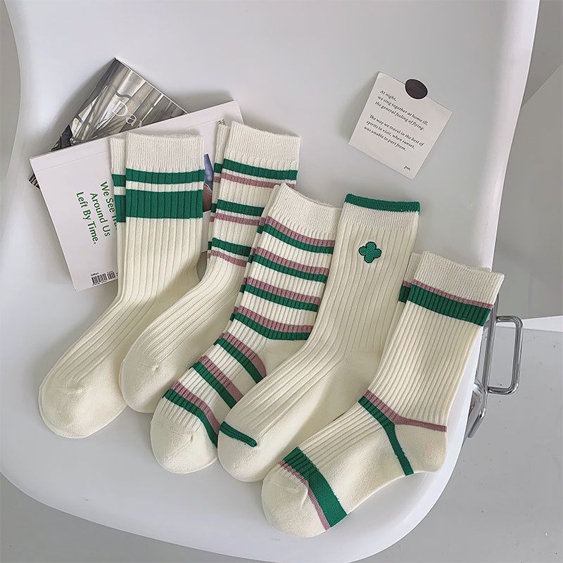 KAFU D516 Green Striped Embroidered Mid-Tube Socks Ladies Preppy Style ...