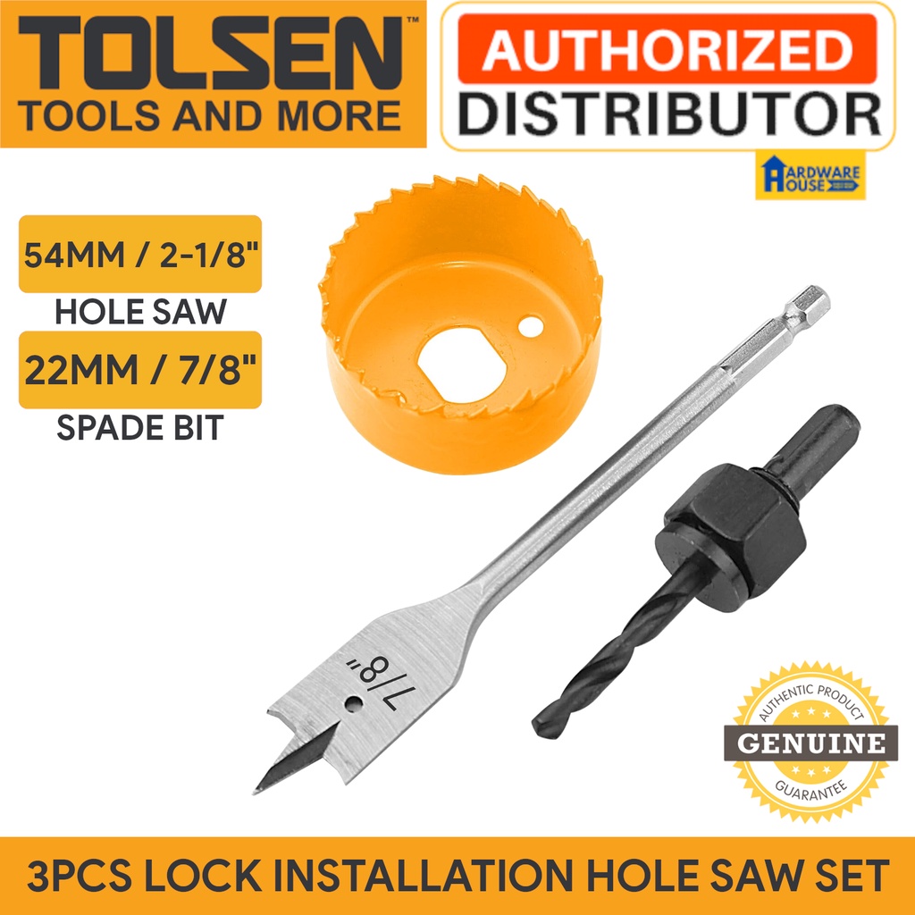 ORIGINAL TOLSEN 3PC Lock Installation Hole Saw Set Carbon Steel Flat