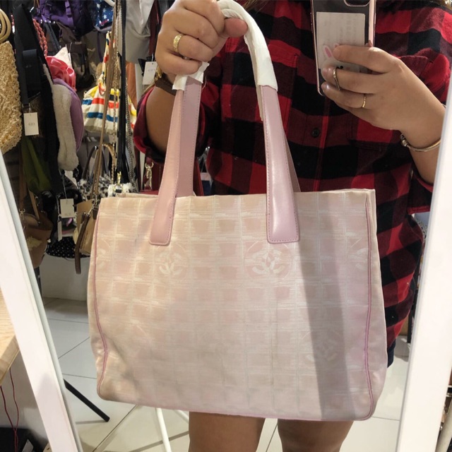 Authentic CHANEL Travel line Jacquard in Pink Nylon tote bag