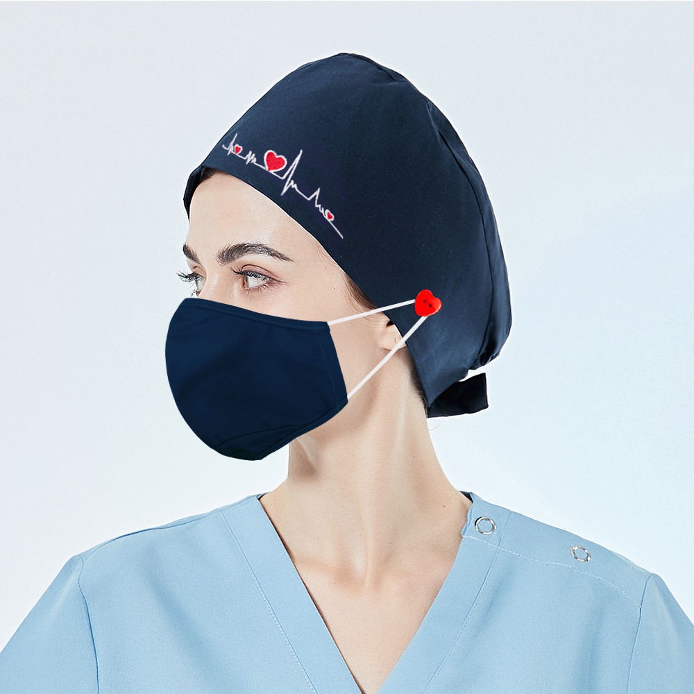 Solid color heart-shaped button ECG embroidery three-heart surgical cap ...