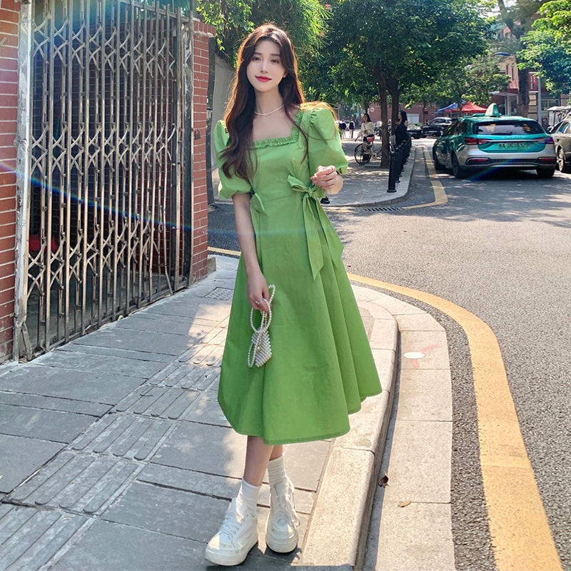 green korean dresses Mint green pleated dress