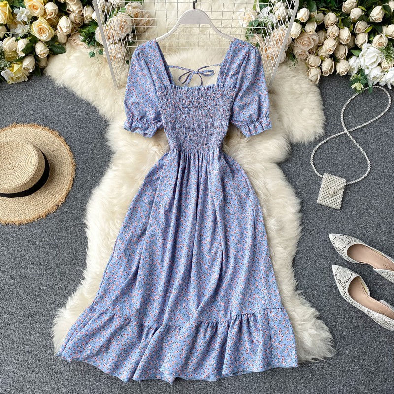 Floral Chiffon Dress Elastic-Waist Short-Sleeve Women's Mid-Length | Shopee  Philippines