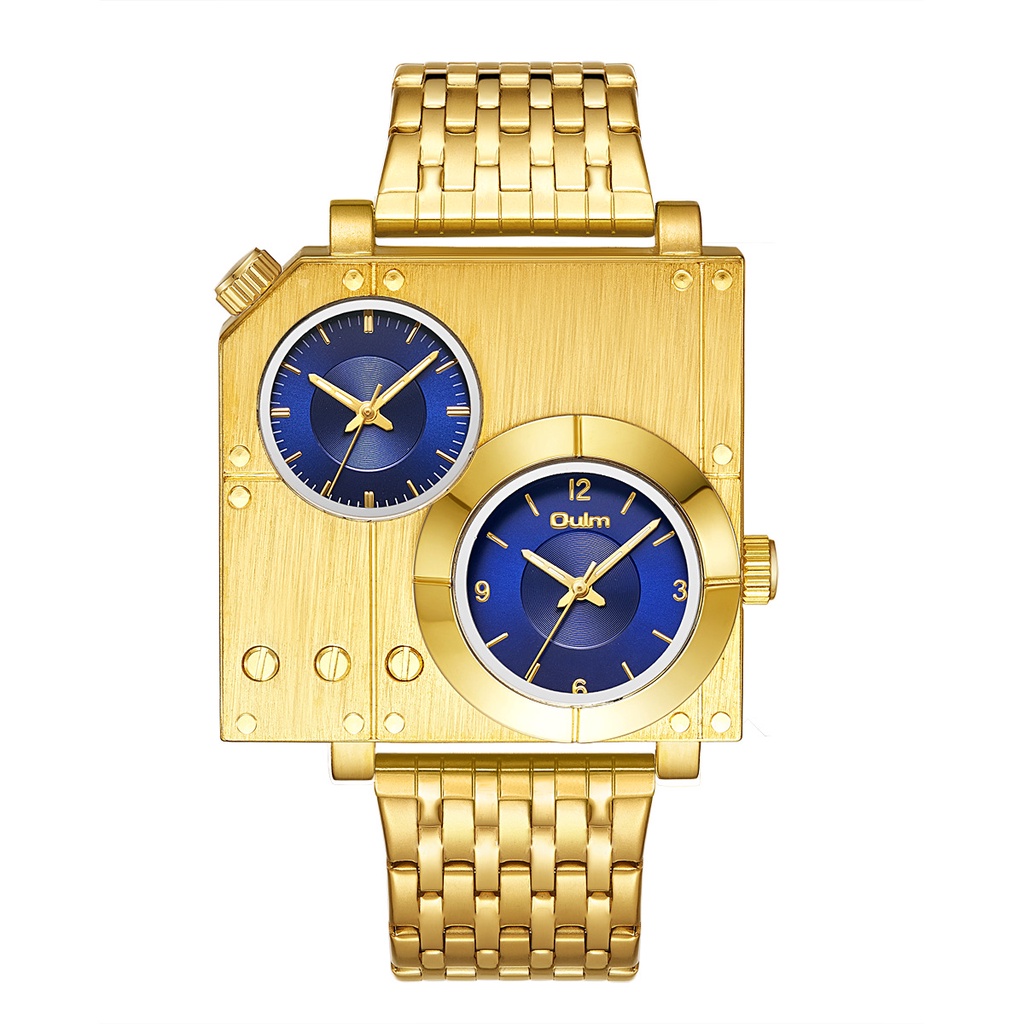 Oulm Casual Large Square Dial Watch Men's Gold Watches Dual Time Zone ...
