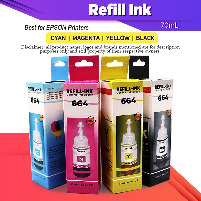 Refill Ep 664 Ink For Printer L120 L360 L310 L130 L210 L220 L355 L358 70ml Dye Ink Shopee 0994