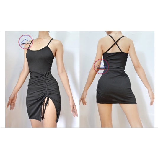 Clothinghub BLACK Rose Dress String Adjustable tally leg slit on side