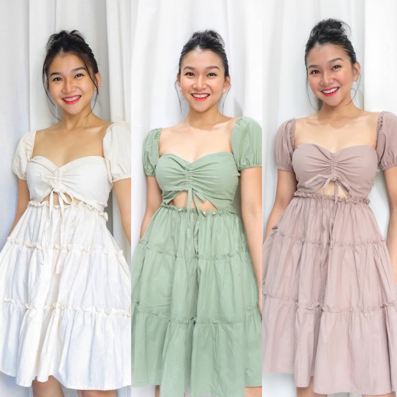 Mabel Drawstring Ruched Sweetheart Neck Line Tiered Dress | Shopee ...