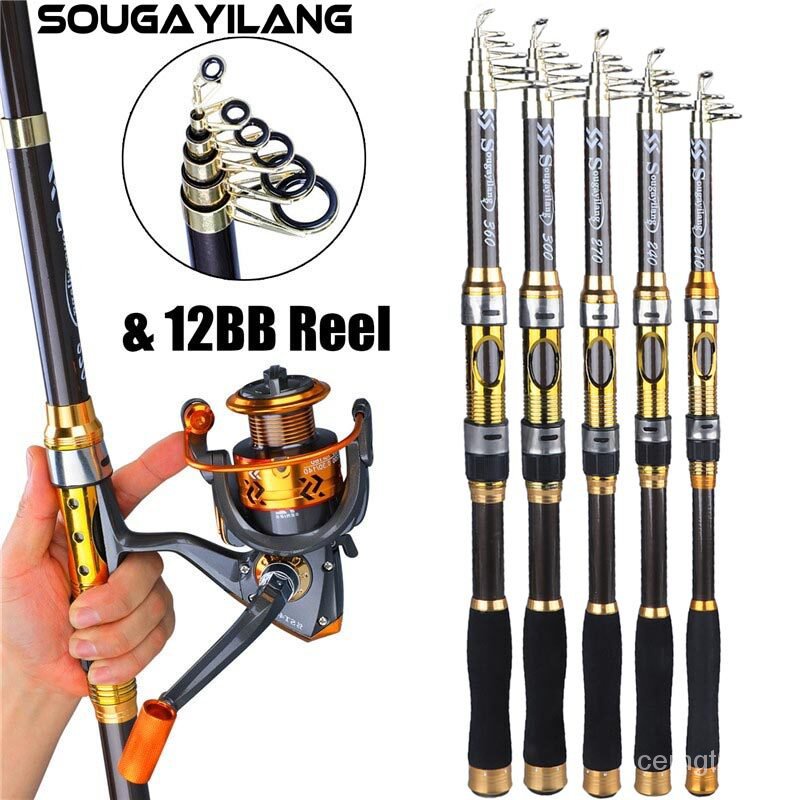 Sougayilang Fishing Rod and Reel Set Carbon Telescopic Fishing Rod Pole  with 12BB Metal Spinning Ree