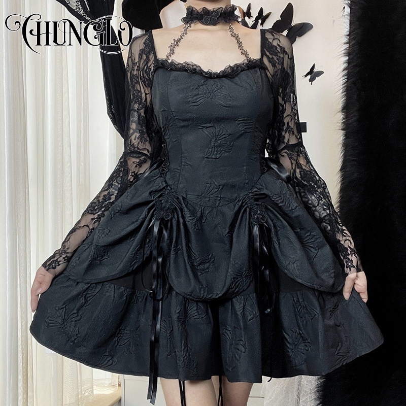 Dark in Love Black Off-the-Shoulder Long Sleeves High-Low Lace Gothic Dress  