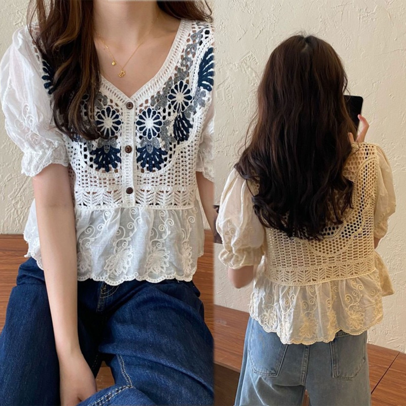 FLORAL PUFF BUBBLE SHORT SLEEVE WOVEN TOP