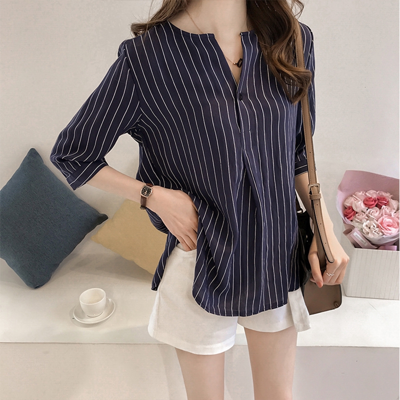 M-3XL Plus Size Korean Style loose Women Stripe Shirt round neck casual ...