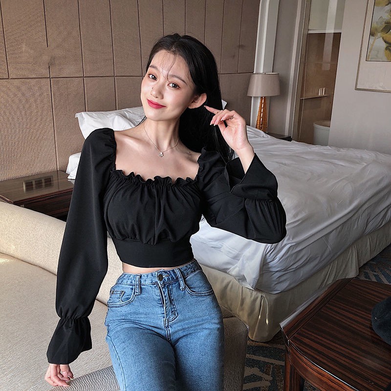 Ready Stock】Korean Women's Puff Sleeve Crop Top Sexy Square Neck