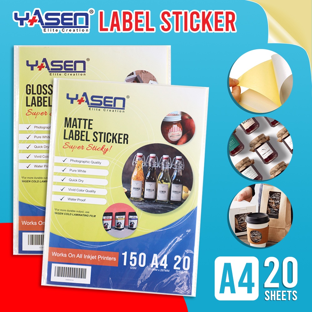 Yasen Label Sticker Paper A4 Size 20 150gsm Sheets Glossymatte Printable Inkjet Sticker 9417