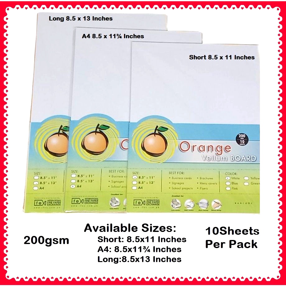 20 Sheets Orange Vellum Board 200gsm Short/A4/Long/A3 with Sketch