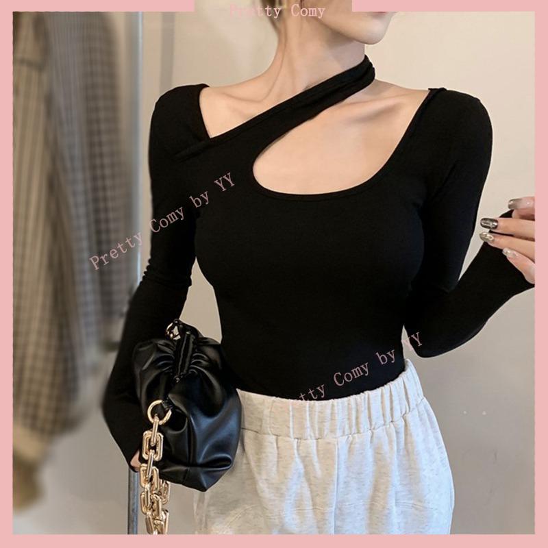 Korean Sexy Tops Long Sleeves Halter Neck Off Shoulder Solid Color ...