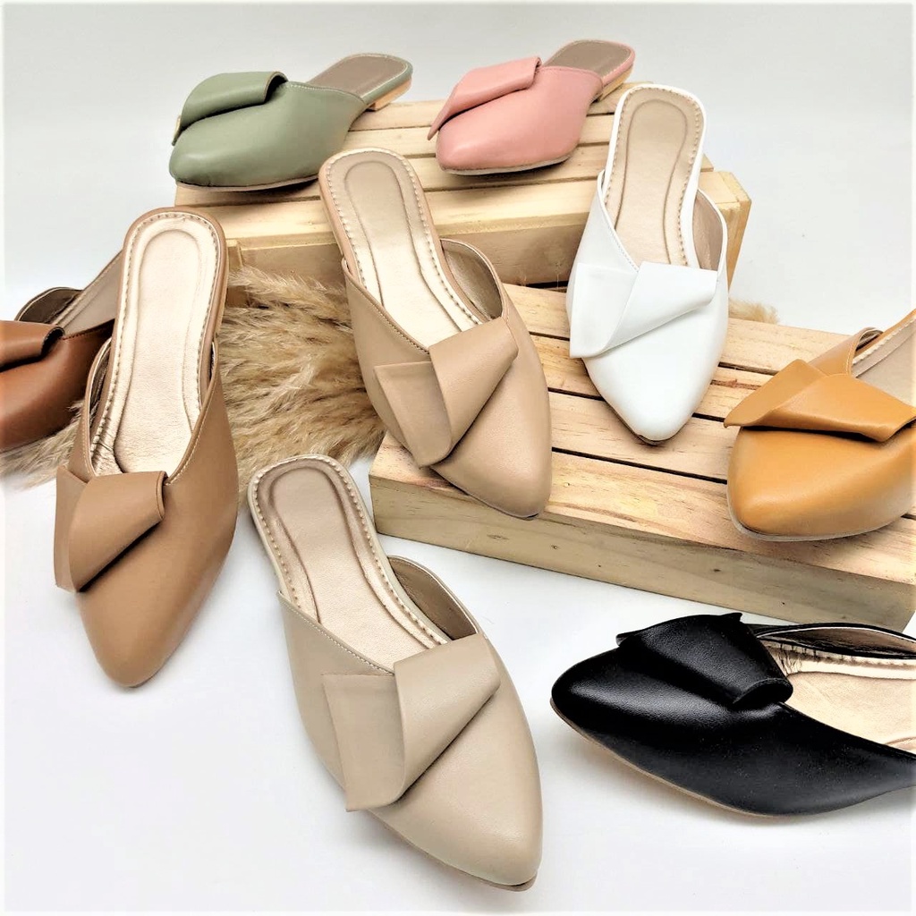 R&A628 Flat Pointed Toe Mules with Folded Vegan Leather Vamp Ribbon ...