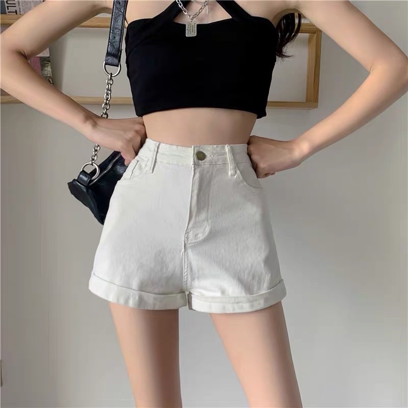 Kpop fashion high-waisted denim maong shorts jeans loose slim folded ...