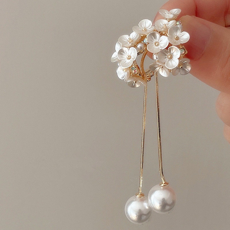 Multi Function White Shell Flower Pearl Long Earrings For Women ...