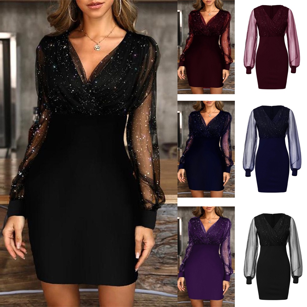 Women S Party Dress Long Sleeves V Neck Mesh Sheer Glitter Bodycon Short Mini Dress Elegant