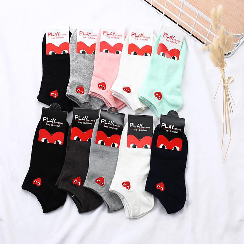 5 PCS CDG HEART COTTON SOCKS Shallow Socks Boat Socks Black White Gray