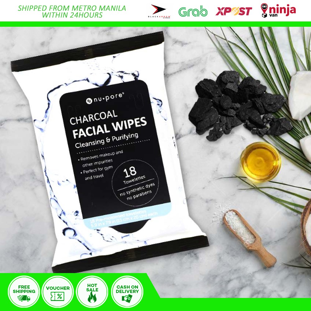 NU Pore Charcoal Facial Wipes (18 Towelettes) Gentle Skin Cleansing