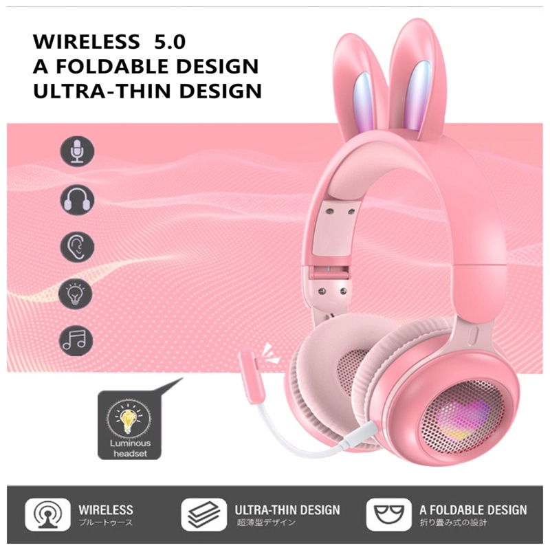 Ready Stock Pink Rabbit Ear Headphones with mic Bluetooth