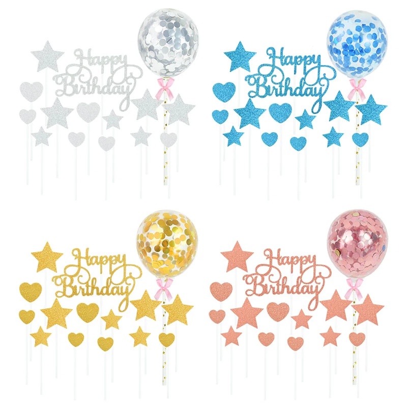 1 Set Happy Birthday Cake Topper Rose Gold Silver Star Balloon Cake ...