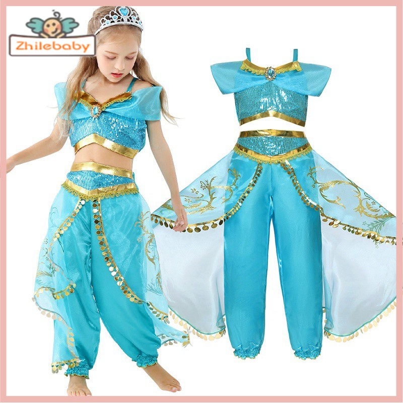 Kids Girls Aladin Princess Dress Jasmine Cosplay Costume Sequins Top ...