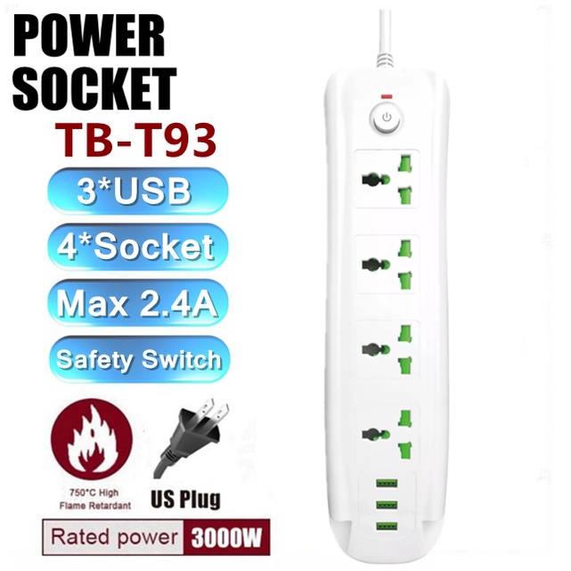 TB-T93 2.4a 3000w Universal Power Extension 4 Ac Sockets 3 Usb Ports ...