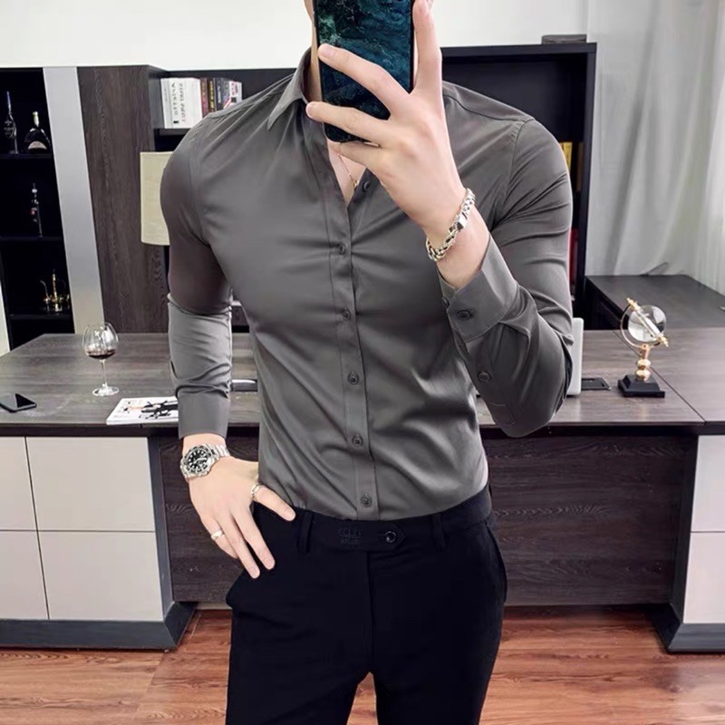 Men s Plain Long Sleeve Polo Formal Office Shirts Shopee Philippines