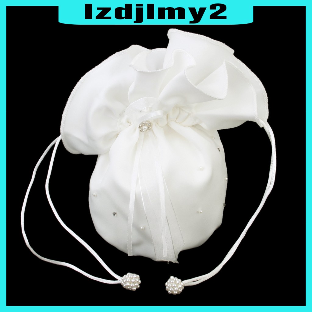 White Satin Bridal Handbag with Flower Pearl Decor Bridesmaid Dolly Bag