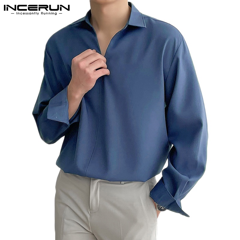 INCERUN Men Simple Style Fashion Solid Color Long Sleeve Lapel Collar ...