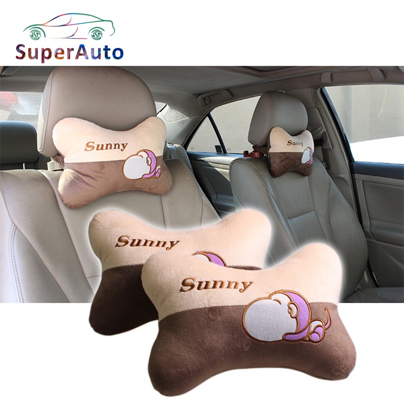 SuperAuto 2Pcs Universal Cartoon Car Neck Pillows Plush Breathable Rest Headrest Cushion Pillow Car Interior Accessories