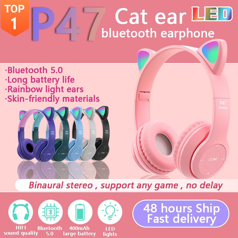 Wireless Headphones Cat Ear with Mic Bluetooth Headset Cool Glow Light  Stereo Bass Learning Earphone