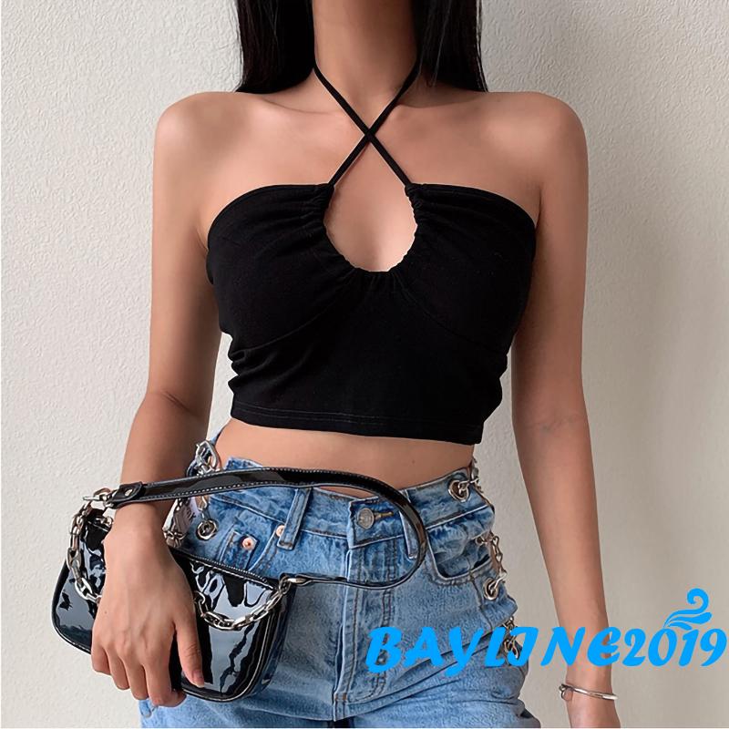 Women Sexy Halter Crisscross Tank Crop Top Sleeveless Basic Solid