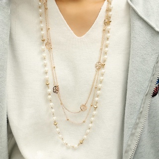Silver Layered Long Necklace for Women Pearl Crystal Sweater Strand Chain  Necklaces Fashion Gifts