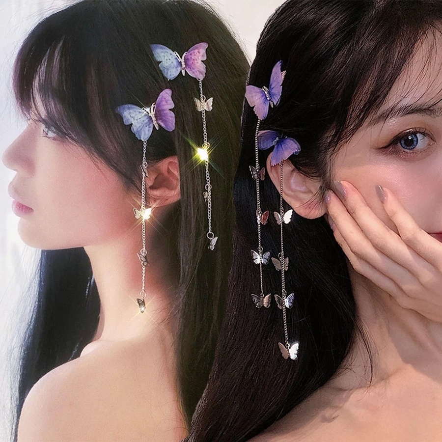 2pcs/set Sweet Butterfly Tassel Chain Hair Clip For Women Fashion Cute