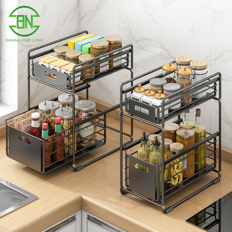2 Layer Pull Out Kitchen Storage Rack Spice Condiment Rack Undersink
