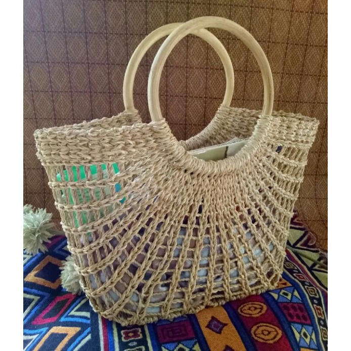 Abaca bag hand bag wooden handle see through native bag knitted bag ...