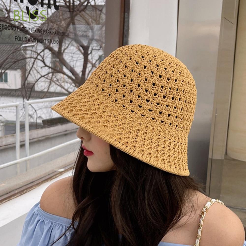 BLISS New Bucket Hats Elegant Sun Hat Women Straw Hats Sun Visor Fashion  Hollow Out Solid Color Sweet Foldable Beach Cap/Multicolor