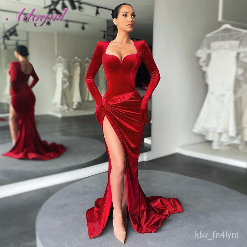 Fast delivery Elegant Red Gown Velvet Slash Neck Long Sleeve With ...