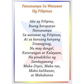 Laminated Big chart Panunumpa sa Watawat ng Pilipinas Educational Chart ...