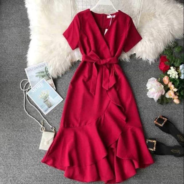 Red Mariel Short Sleeve Ruffle Dress | Shopee Philippines